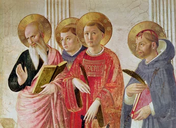 Madonna der Schatten, Detail der Heiligen Johannes des Evangelisten, Thomas von Aquin, Laurentius und Petrus Martyr, aus dem Korridor des ersten Stockwerks